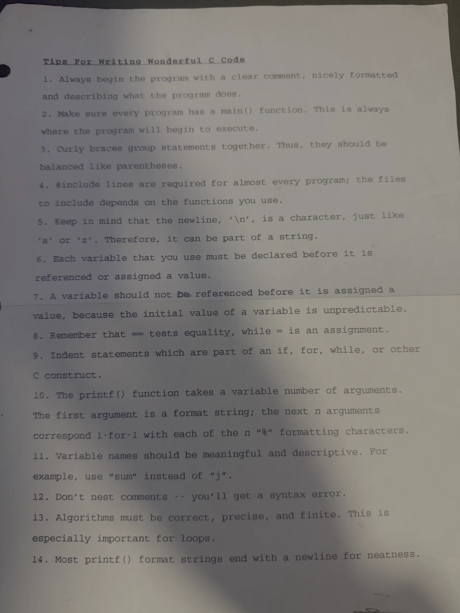 The folded Tips for Writing Wonderful C Code page with fourteen numbered programming rules